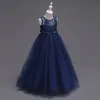Симпатичные синего тюль линия Sash Длинных платьев девушка цветка Crew Neck рукава Кружево Top Birthday Party Маленькие девочки платье