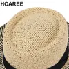 Hoaree Panama Hat Men PorkPie Sun Hat Summer Słomka szeroka Rząd Fedora Mężczyzna ręka na drutach czarny patchwork Casual Beach Tribby Hat Y200714