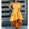 Sexy amarelo amarelo curto baile vestidos espaguete tiras sem mangas cetim alto comprimento baixo com arco plus size partido vestidos de noite vestidos de noite wear 403