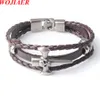 Wojiarer European Fashion Rvs Skull of Cross Multilayer Lederen Braid Bracelet Heren Charm Amulet Sieraden BC002