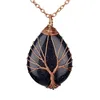 Zilveren Kleur Tree Of Life Ketting Hanger Draad Wrap Natuursteen Gem Roze Quartz Tiger Eye Green Aventurine Suspension Jllrso