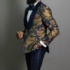 Navy Blue Floral Jacquard Prom Män Passar för Bröllop 3 Piece Slim Fit Groom Tuxedo Afrikansk Man Mode Kostym Jacka Byxor 201106
