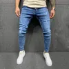 Erkek Kot Erkek Mavi Sıska Moda Denim Pantolon Yırtık Sıkıntılı Ince Kalem Motosiklet Büyük Boy