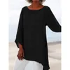 Chemisier à manches longues pour femmes, plus la taille solide noir chemise décontracté O cou rétro mince femme tunique coton lin femmes hauts et chemisiers LJ200811