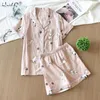 Women's Sleepwear 100% Cotton Gauze Soft Pajama Sets Button Down Long Sleeve Pj Floral Pajama Set Autumn Female Pyjamas 201217