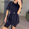 FSDA Women Set With Belt Summer Short Sleeve Top Shirt Loose And Biker Shorts Khaki Suit Casual Two Piece Set Sport Outfits T200610