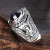 925 Sterling Silver Black Agate Ring Simple Retro Live Mouth Rings Men's Personality European And American Hip-Hop Trend Style