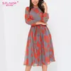 S.Favor Kobiety Drukowanie Casual A-Line Sukienka Elegancki Pełny Rękaw Szyfonowy Boho Vestidos De Jesień Winter Fashion Midi Sukienki 201029