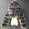 Solidne Z Kapturem Faux Fur Coats Kobiety Jesień Zima Ciepła Gruba Kurtka Furma Kobiet Luksusowy Puszysty Pluszowy Odzieży Odzieży Szczupły krótki płaszcz