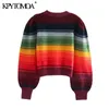 KPYTOMOA Women Fashion Color Striped Cropped Knitted Sweater Vintage O Neck Long Sleeve Female Pullovers Chic Tops 201204