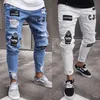 Jeans da uomo Blu Bianco Mens Cool Designer Maschio Skinny Strappato Distrutto Stretch Slim Fit Pantaloni Hop con fori Moda Uomo 1