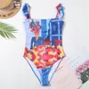 Flounced One Piece Bathing Suit Swim Wear Painting Swimsuit Agaric Laces Monokini High Cut Swimwear Bather Traje De Bano Mujer T200708