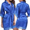 Kvinnor satin natt robe solid kimono robe mode sovkläder sexig underkläder badrock kvinnlig bröllop brud brudtärna robe djupt v