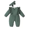 Baby Kläder Bomull Linne Tjejer Romper + Huvudband 2st Slace Ruffle Spädbarn Jumpsuits Långärmad Nyfödd Bodysuit Solid Tjejkläder M2959