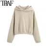 TRAF Femmes Mode Avec Élastique Garnitures Cropped Hoodies Sweats Vintage À Manches Longues Polaire Femme Pulls Chic Tops 201209