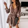 Robes décontractées Femmes Sexy Col V profond Moulante Robe Slim Printemps Automne Manches longues Velours A-Ligne Dames Drapé Mini Fête