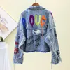 Mulheres jaquetas 2024 denim jaqueta primavera outono graffiti rebite jean feminino buracos moda menina outerwear casaco