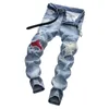 Jeans Vintage Men Clothing Hiphop Streetwear Distressed White Medium Moustache Effect Casual High Fashion Pants