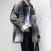 Herr ull mäns blandningar pläd ullrock mode retro casual jacka män streetwear vilda lösa koreanska långa män överrock