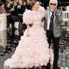 Elegant Blush Pink Ruffles Evening Dresses Tiered Skirts O Neck Short Sleeve Prom Gowns Formal Runway Fashion Dress