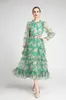 Women's Runway Dress O Neck Long Sleeves Tiered Ruffles Printed Floral Fashion Mid Dress Vestidos Party Wear