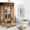 Ouneed 4pcs / set paysage créatif salle de bain rideaux de douche ensemble motif antidérapant imperméable toilettes rideaux de douche couverture tapis ensemble 201030