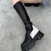 Fashion-platform patchwork fashion women 2022 lastic knee high boots round toe real leather 6cm