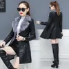 Winter Womens Leather Jacket Warm Big Fur Collar Long Leather Coat Balck Outerwear Slim Fit Overcoat Plus Size S5XL 201030