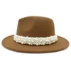 2020 Women Wide Brim Imitation Wool Felt Fedora Hats Fashion Church Party Female Dress Hat Pearl Ribbon Decor White Hat7089128