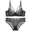 Varsbaby Sexy Plus Size Lace Floral Underwear Underwear Deep V Hollow 3/4 Cup Underwire Abcde Cup Bra Set Y200708