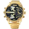 Big Watch Hommes Luxury Golden Steel Watchband Quartz Montres Double fuseau horaire Militaire Relogio Masculino Casual Horloge Man 211223