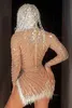 Latin Dress Sexy Mesh Transparent Pearl Tassel Stretch Slit Long Sleeve Prom Birthday Party Outfit Women Singer Dancer Nightclub D278U