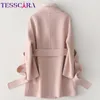 Tesscara Femmes Hiver Élégant Laine Blend Basic Veste Manteau Femme Haute Qualité Rose Cachemire Ceinture Vestes Manteaux Manteaux 201102