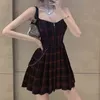 Gothic Girls Red Plaid Plissee Emo Alt Kleid Y2K Zip Up Robe Femme Punk Schwarz Spaghetti Strap Mini Short Jurken Goth Streetwear 220121