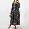 Yeni Kadın Elbiseler Sonbahar Kış Vintage Baskı Rahat Uzun Kollu Retro Pamuk Maxi Robe Tunik Çiçek Büyük Artı Boyutu Elbise LJ200810