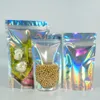 100pcs/20x30cm Standing Translucence Laser Color Aluminum Foil Ziplock Bag, Holographic Colored Mylar Plastic Sack, Dried Fruit Food Package