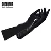 Gants sans doigts QUEENFUR femmes en cuir véritable longues mitaines chaudes en peau de mouton véritable Style féminin Elbow1