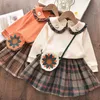 Yeni Kızlar Kış Giysileri 2020 Bebek Kız Sevimli Elbise Uzun Kollu Örme Kazak + Elbise Papyon 2 adet Çocuk Triko Suit