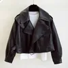 Fitaylor Women Faux Leather Jacket Motorcycle Biker Oversized Coat Turndown Collar Loose BF Streetwear Black Punk Outerwear LJ201012