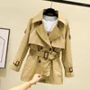 Ny mode kvinnor kort trench coat höst vinter vintage bälte dubbelbröst khaki windbreaker outwear slim office coat y5381