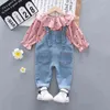 Spring Autumn Children Cotton Clothes Baby Girls Suit fot Hooded denim Bib Pants 2Pcs/sets Out Kid Fashion Clothing sets 211224