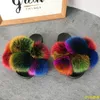 Hairy Balls Slippers Women Plunge Real Fox Fur Slides Furry Raccoon Bont Sandals Ladies Cute Hairy Ball Slippers Rainbow Shoe