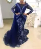 2020 Arabisch ASO EBI Royal Blue Mermaid Avondjurken Kant Beaded Prom Dresses Sheer Neck Formele Party Second Reception Jurken ZJ105