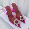 Sapatos sociais de salto alto estilo europeu, botão decorativo de girassol, sandálias femininas, dedos pontiagudos, salto transparente de 10 cm, sola de couro, sapato tamanho americano 4-12