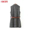 women plaid pattern long vest coat with belt office ladies waistcoat sleeveless blazer elegant top 3Z42 210416