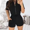 Sexy Zipper Manches Courtes Couture Shorts Body Combishort Casual Couleur Unie Femmes Combinaison Sexy Shorts Barboteuses T200704