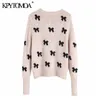 Vintage Elegante Fliege Applikationen Gestrickte Pullover Frauen Mode O Hals Langarm Weibliche Pullover Chic Tops 201221