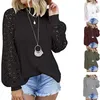 Jesienne kobiety odzież długi rękaw t shirt topy koronki patchwork hollow-out design solid casual O-neck rękaw puffowy swetry trójniki