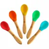 New Kitchen tool Baby Feeding Spoon Bamboo Handle Silicone Spoon Baby Food Spoons Anti-Scald And Fall Resistance Training Spoons 9089