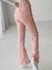 New women's european fashion high waist pink color chessboard plaid grid pattern slim sexy fashion flare long pants trousers SMLXL